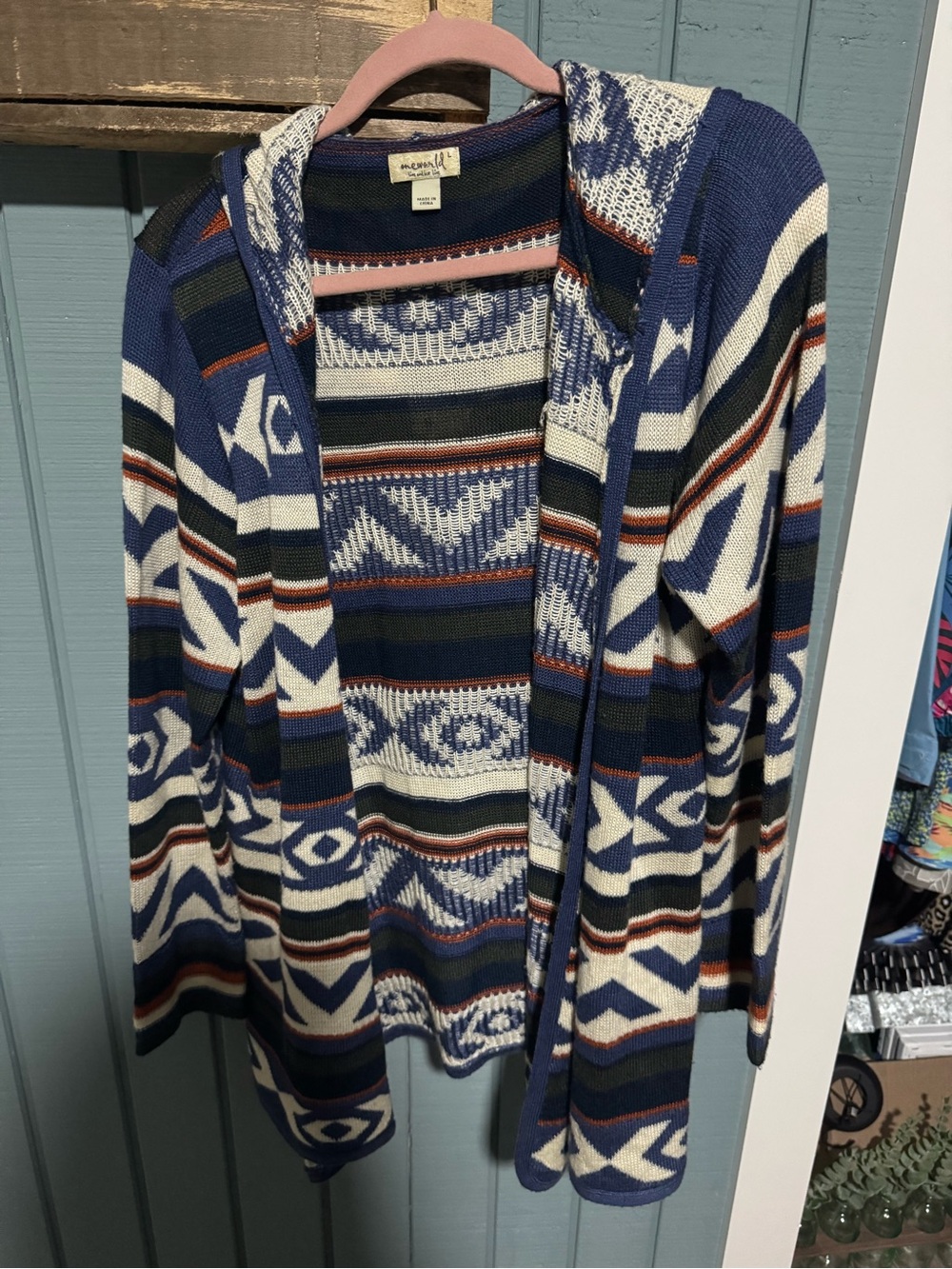 Patterned Hooded Knit Sweater Cardigan - Blue/White